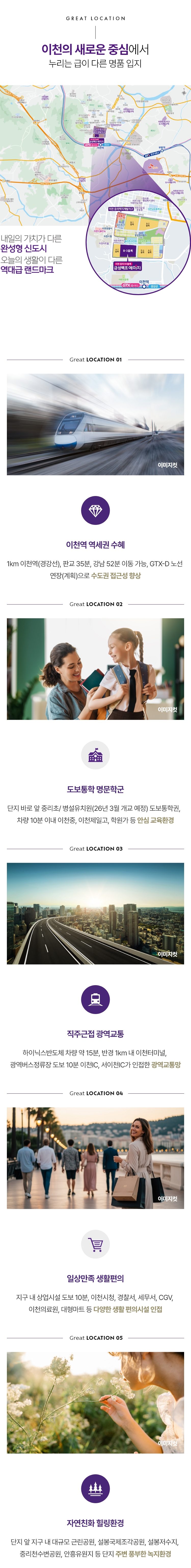 광역 지역도와 중리지구 확대도, 이천역 역세권, 도보통학 학군, 직주근접 광역교통, 생활편의, 자연환경 다섯 가지 입지