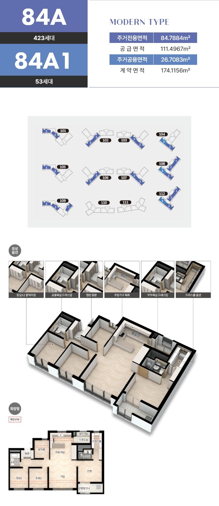 84A·84A1 타입 평면도와 면적표